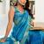 Aqua blue digital printed linen ready to wear designer saree with unstitched blouse