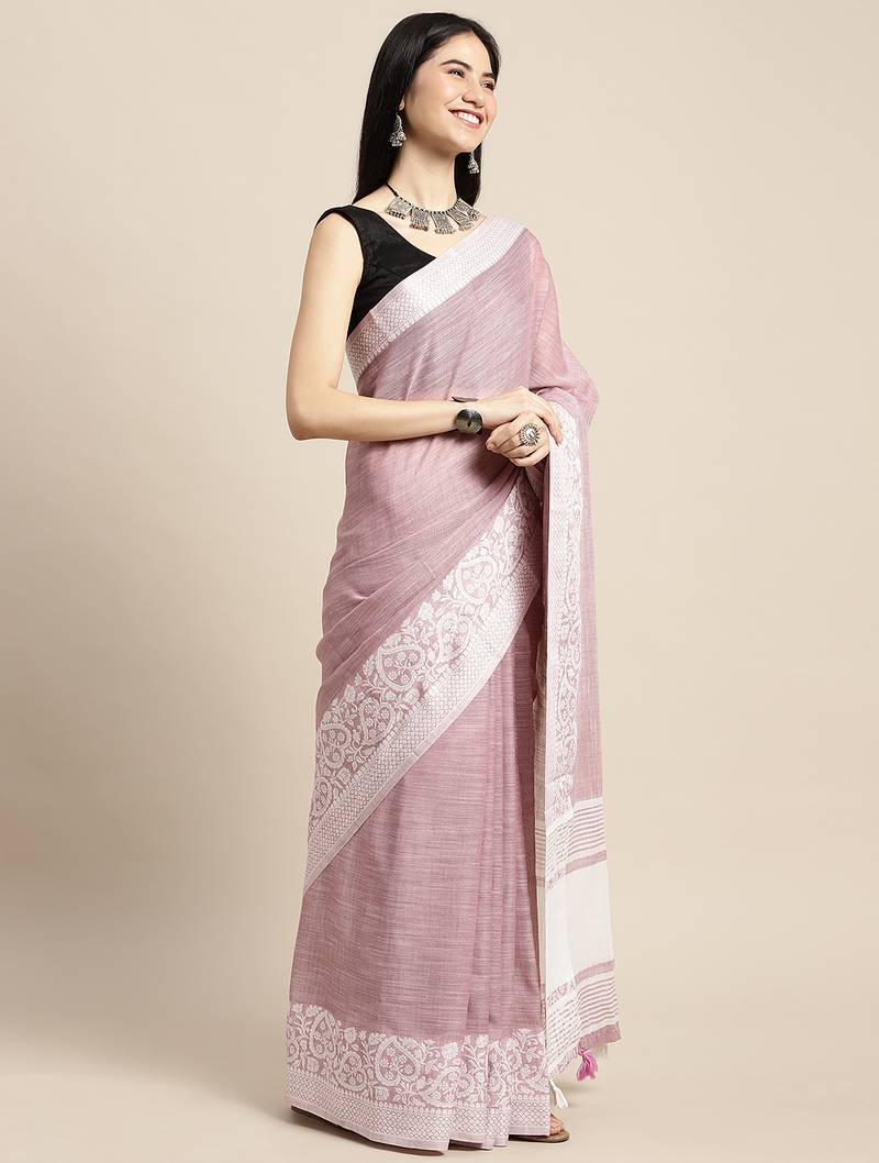 purple woven zari border linen cotton saree