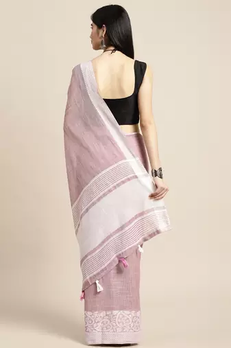 purple woven zari border linen cotton saree