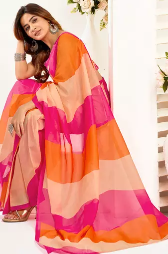 Multicolor digital printed linen ready to wear designer saree with unstitched blouse