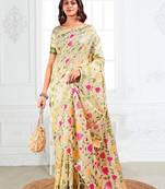off white color weaven flower linen cotton saree
