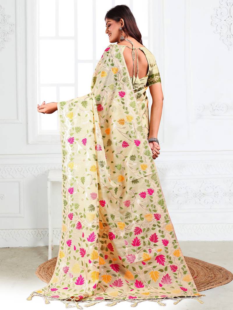 off white color weaven flower linen cotton saree
