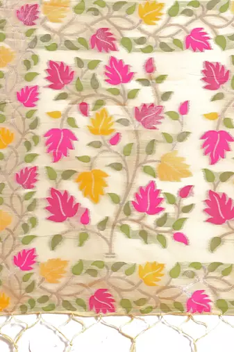off white weaven flower linen cotton saree