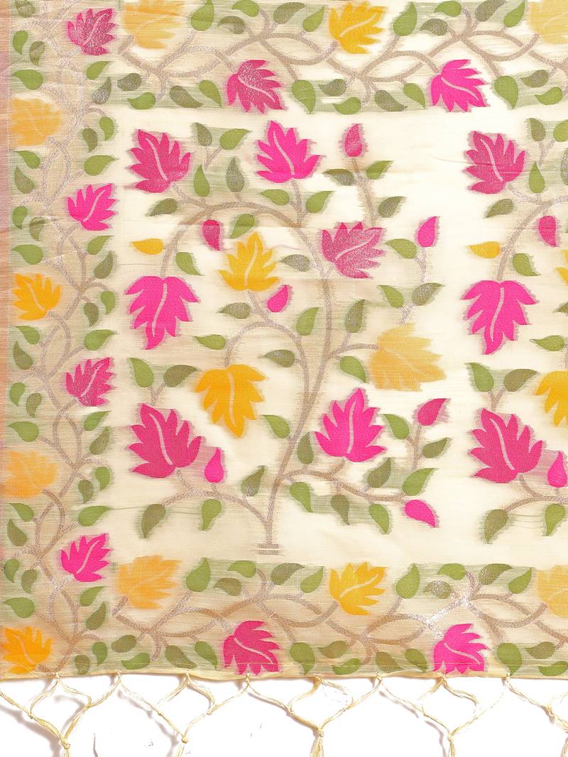 off white color weaven flower linen cotton saree