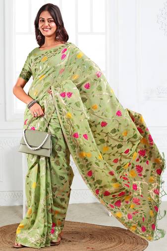 light green color weaven flower linen cotton saree