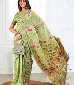 light green color weaven flower linen cotton saree