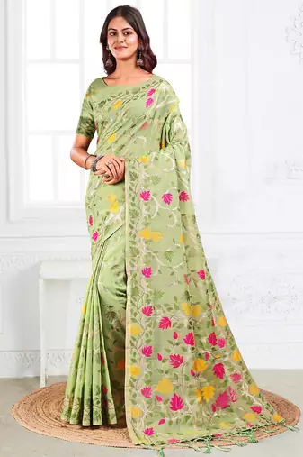 light green color weaven flower linen cotton saree