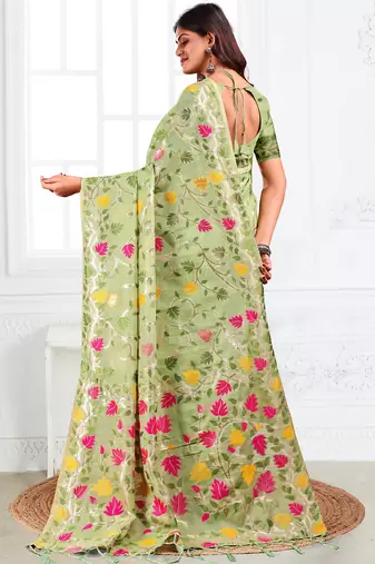 light green color weaven flower linen cotton saree