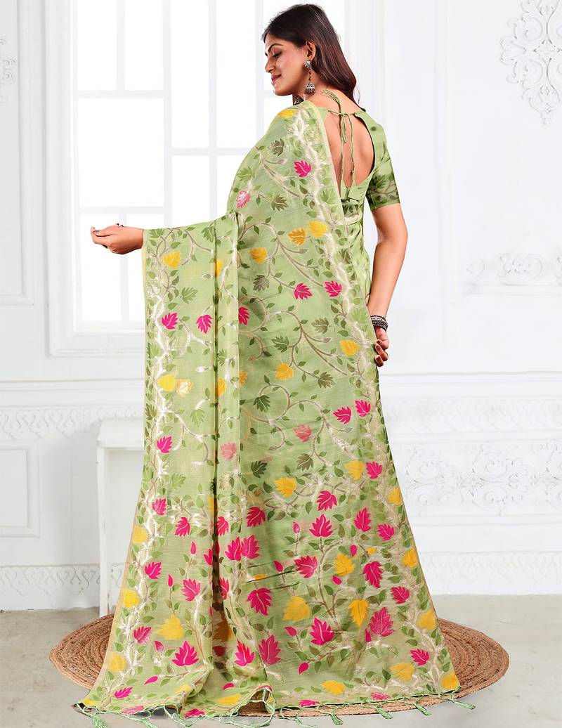light green color weaven flower linen cotton saree