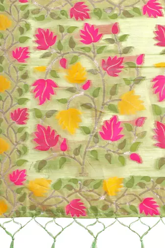 light green color weaven flower linen cotton saree