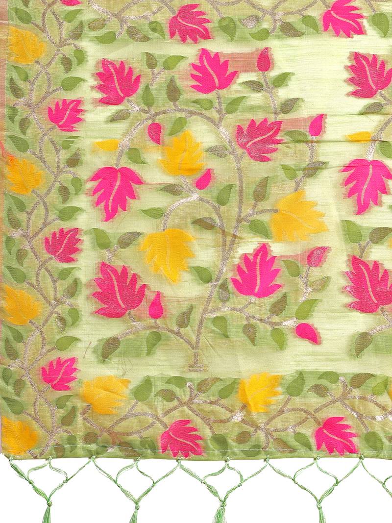 light green color weaven flower linen cotton saree