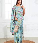 sky blue color weaven flower linen cotton saree