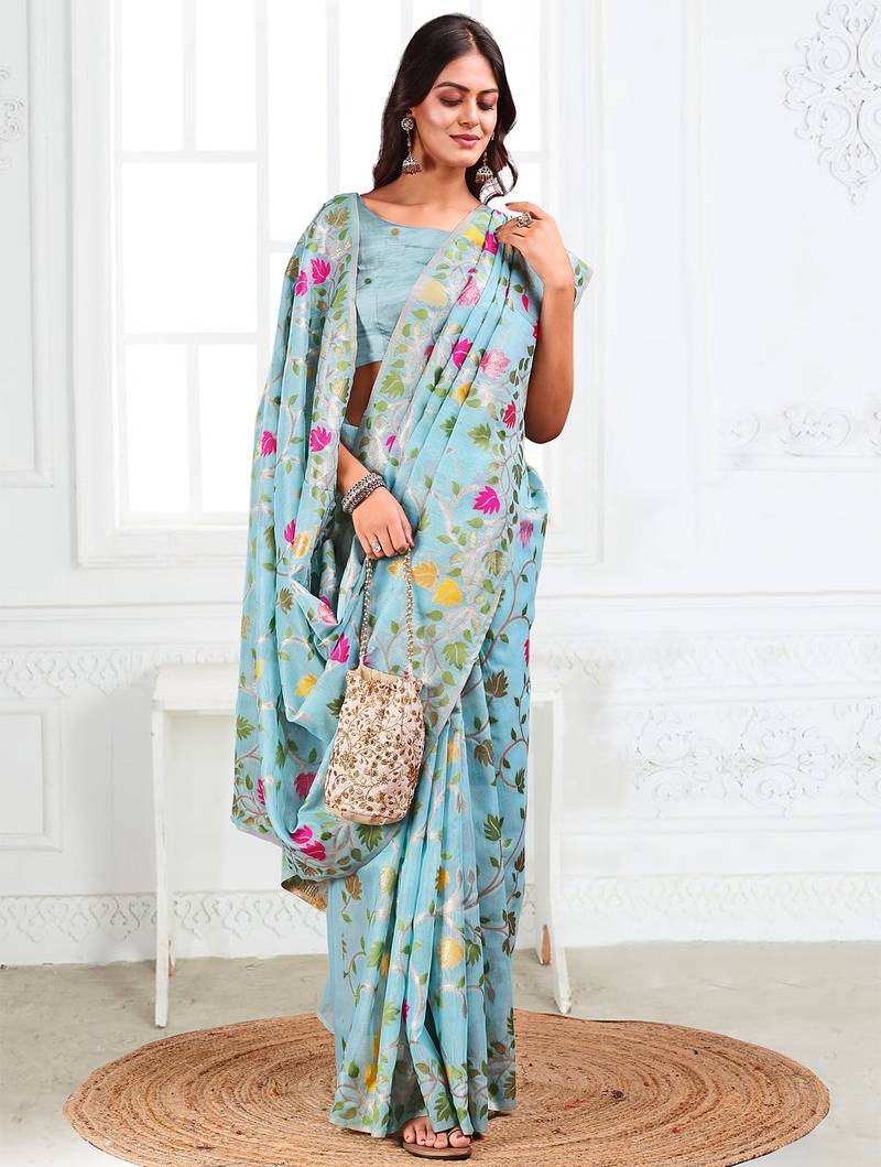 sky blue color weaven flower linen cotton saree