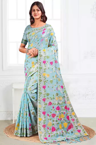 sky blue color weaven flower linen cotton saree