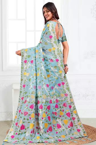 sky blue color weaven flower linen cotton saree