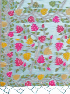sky blue color weaven flower linen cotton saree 4