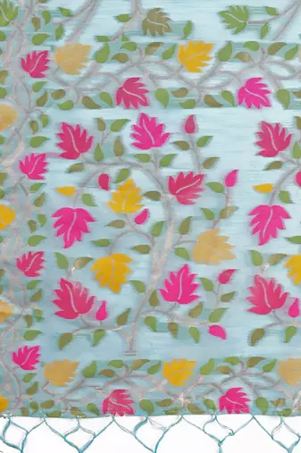 sky blue color weaven flower linen cotton saree