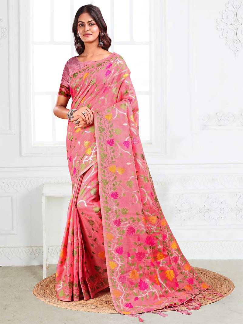 pink color weaven flower linen cotton saree