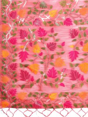 pink color weaven flower linen cotton saree 4