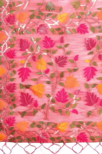 pink color weaven flower linen cotton saree