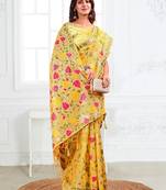 yellow color weaven flower linen cotton saree