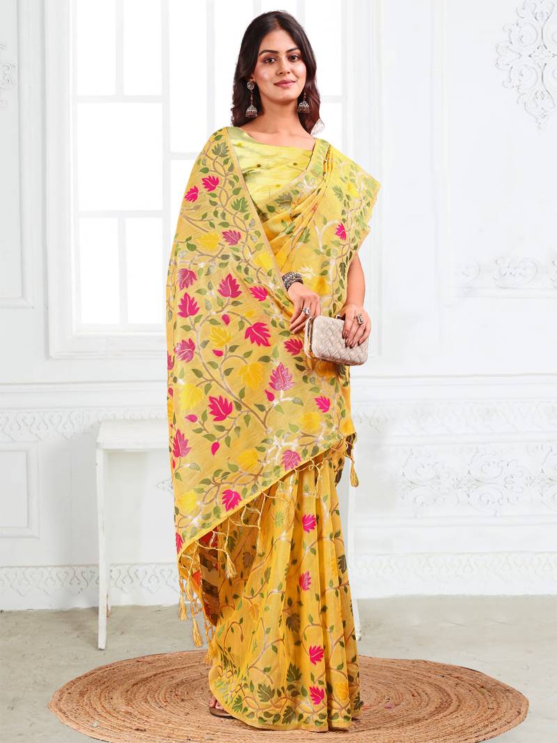 yellow color weaven flower linen cotton saree