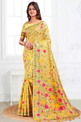 yellow color weaven flower linen cotton saree