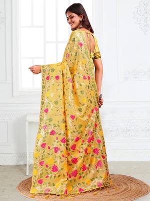 yellow color weaven flower linen cotton saree 3