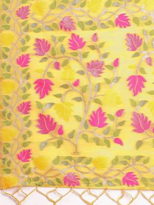 yellow color weaven flower linen cotton saree 4