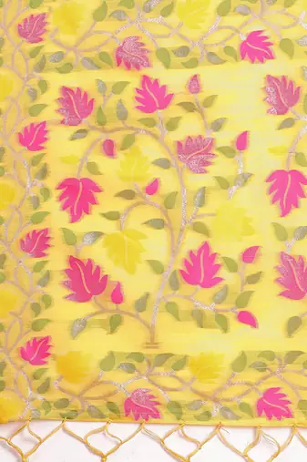 yellow color weaven flower linen cotton saree