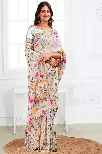 white color weaven flower linen cotton saree