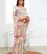 white color weaven flower linen cotton saree