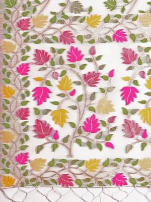 white color weaven flower linen cotton saree 4