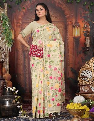cream weaven flower linen cotton saree 1