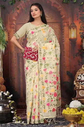 cream color weaven flower linen cotton saree