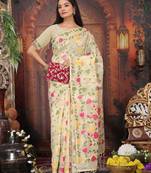 cream color weaven flower linen cotton saree