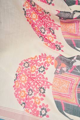 Cream digital printed linen ready to wear designer saree with unstitched blouse 8