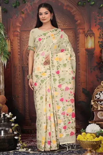 cream color weaven flower linen cotton saree