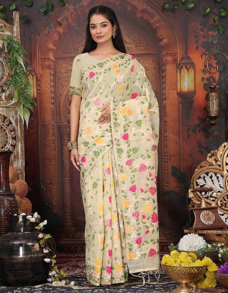 cream color weaven flower linen cotton saree