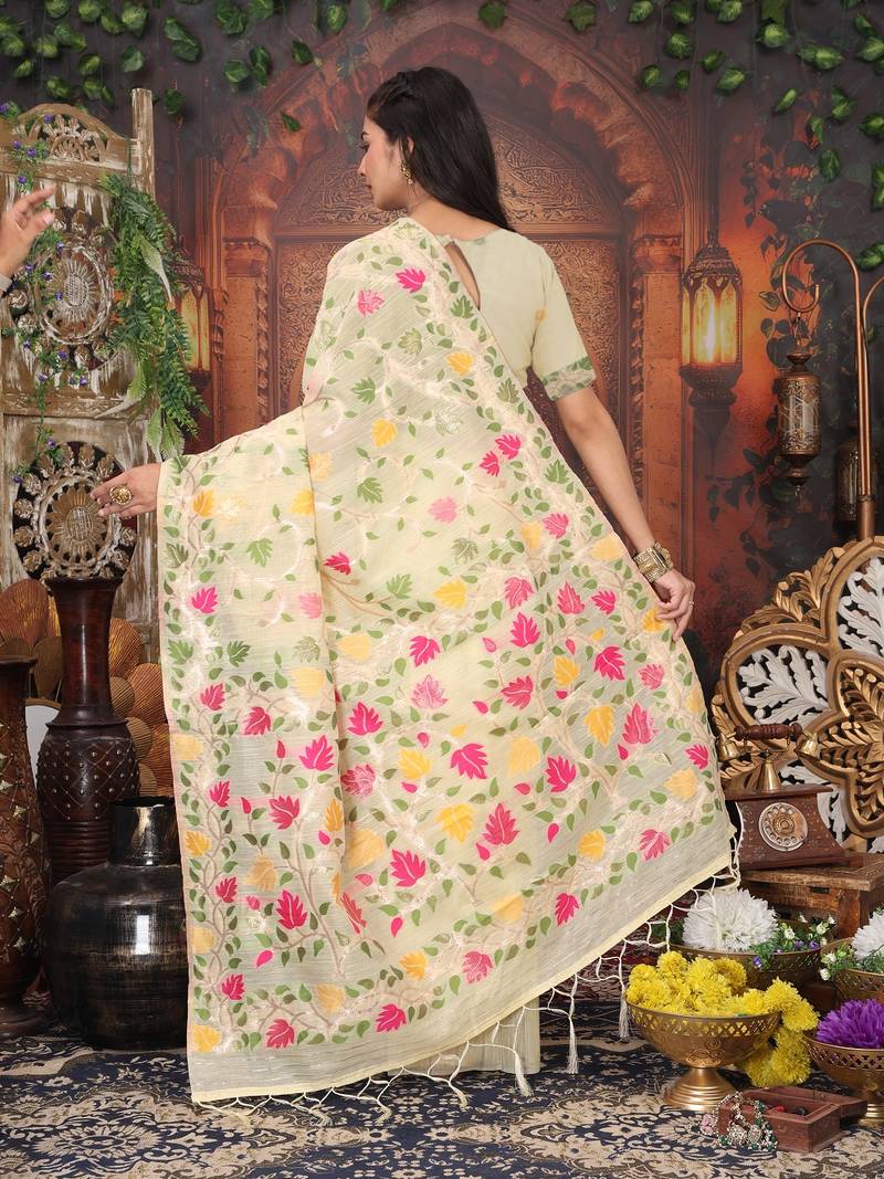 cream color weaven flower linen cotton saree