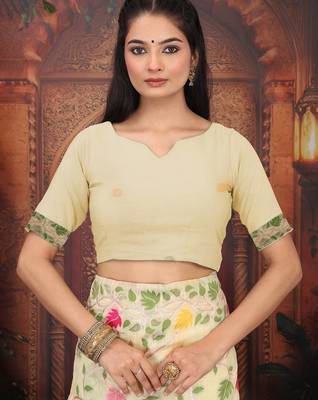 cream weaven flower linen cotton saree 4