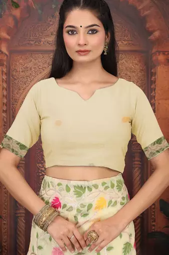 cream color weaven flower linen cotton saree