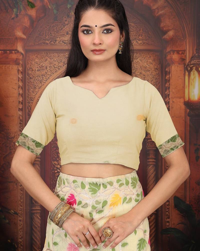 cream color weaven flower linen cotton saree