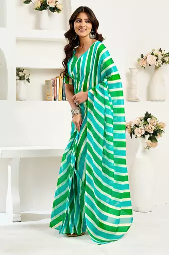 Green digital printed linen ready to wear designer saree with unstitched blouse