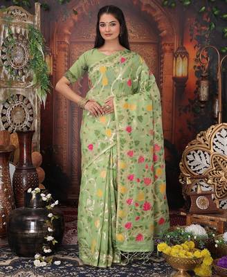 green color weaven flower linen cotton saree 1