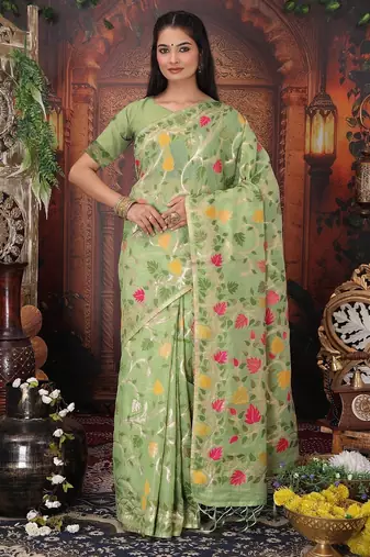 green color weaven flower linen cotton saree