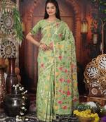 green color weaven flower linen cotton saree