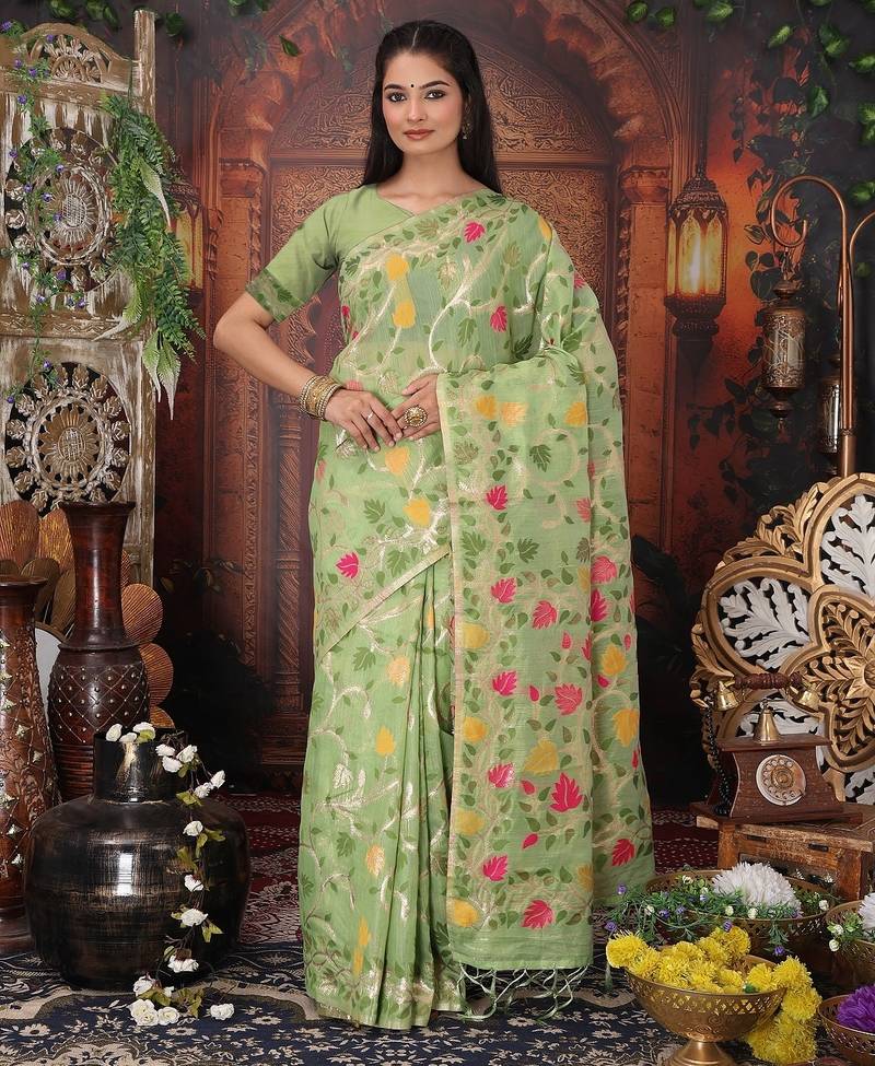 green color weaven flower linen cotton saree