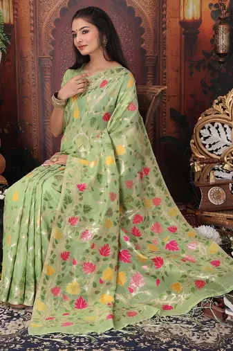 green color weaven flower linen cotton saree