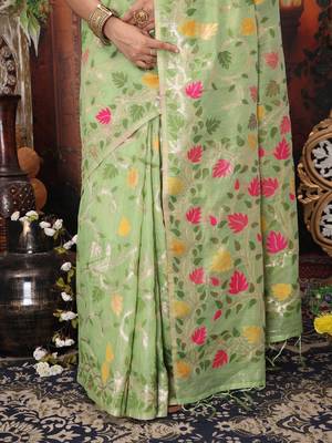 green color weaven flower linen cotton saree 3